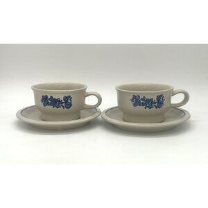 Set of 2 Vintage Pfaltzgraff Yorktowne Coffee Cups w/Saucer Gray and Blue Stonew